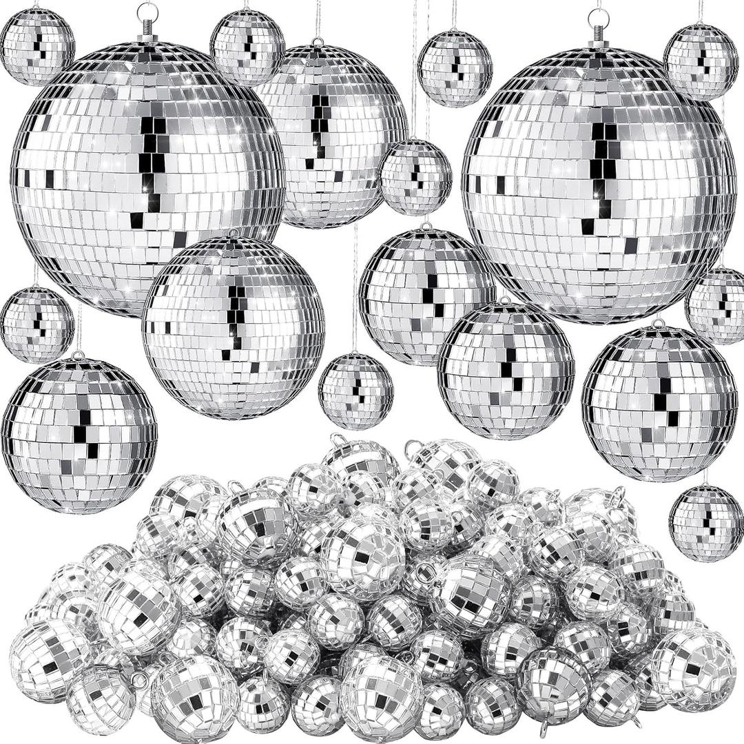 Hoolerry 200 Pcs Mini Mirror Disco Ball Ornaments Mardi Gras Small Silver Hanging Decorations Reflective Tiny Balls Bulk for 70s 80s 90s Disco Party, Birthday(8'', 6'', 4'', 3'', 2,'' 1'')