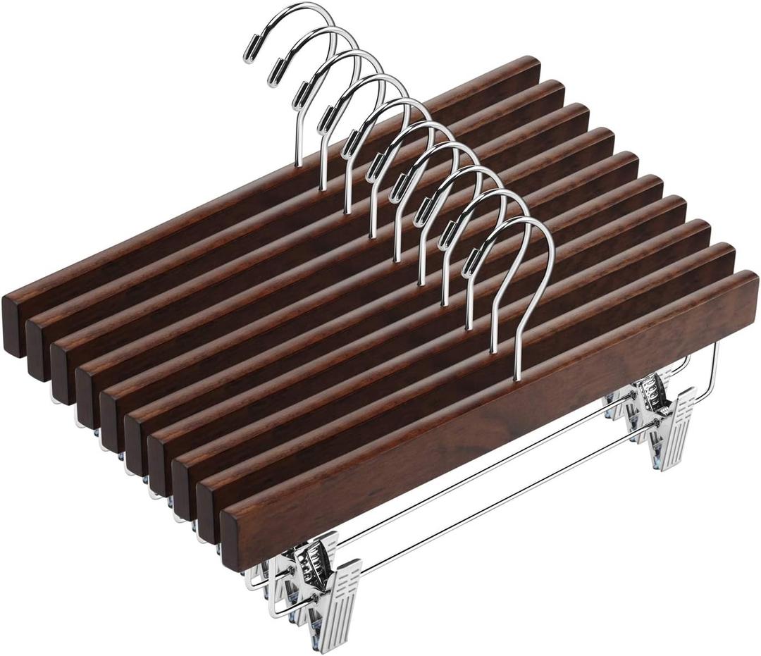 AMKUFO 20pcs Wooden Pants Hangers Solid Pants Hangers with Adjustable Clips 14 Inch Walnut Wood Skirt Hangers Trousers Bottom Hanger with Non-Slip Clips and 360 Swivel Hook, Walnut