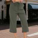 Womens Summer Capris Pants Causal Drawstring Elastic Waist Pants Lightweight Trousers Buttons Trim with Pockets