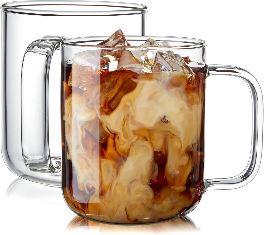Glass Coffee Mugs, 16 oz Ice coffee cups, Large Clear Tea Cups Set of 2, Glass Mugs with Handles, Glass Cups for Latte, Cappuccino, and Tea