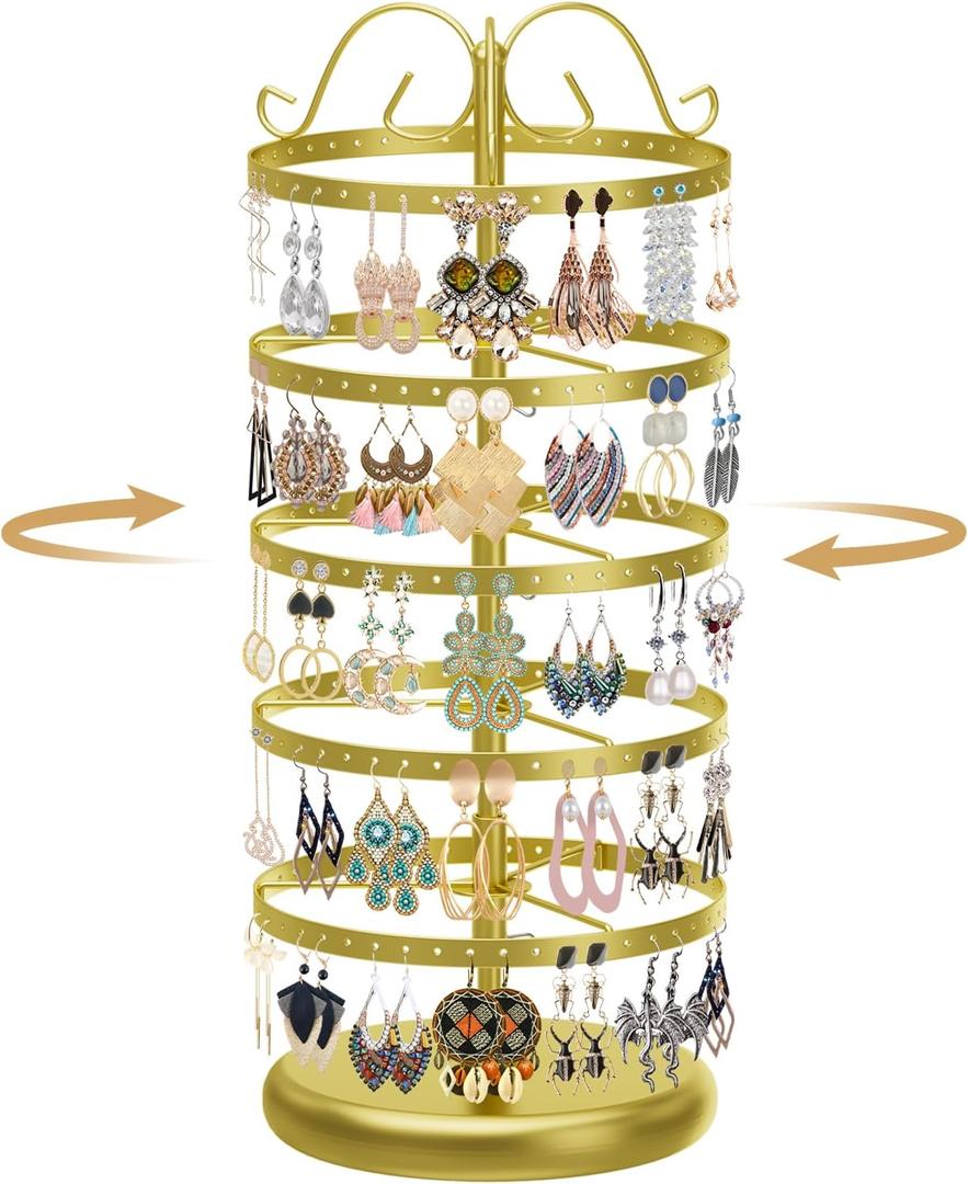 MODOWEY 5 Tiers Metal Rotating Earring Holder Organizer Stand Adjustable Display Tree, 220 Holes Large Carousel Rack for Stud Hoop Pierced Dangling Women Girls, Perfect View for All Earrings(Gold)