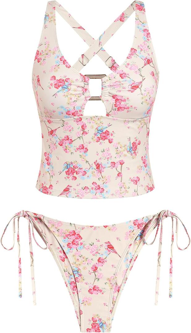 ZAFUL Womens Tankini Swimsuits Two Piece V Neck Tummy Control Bathing Suit (Beige)