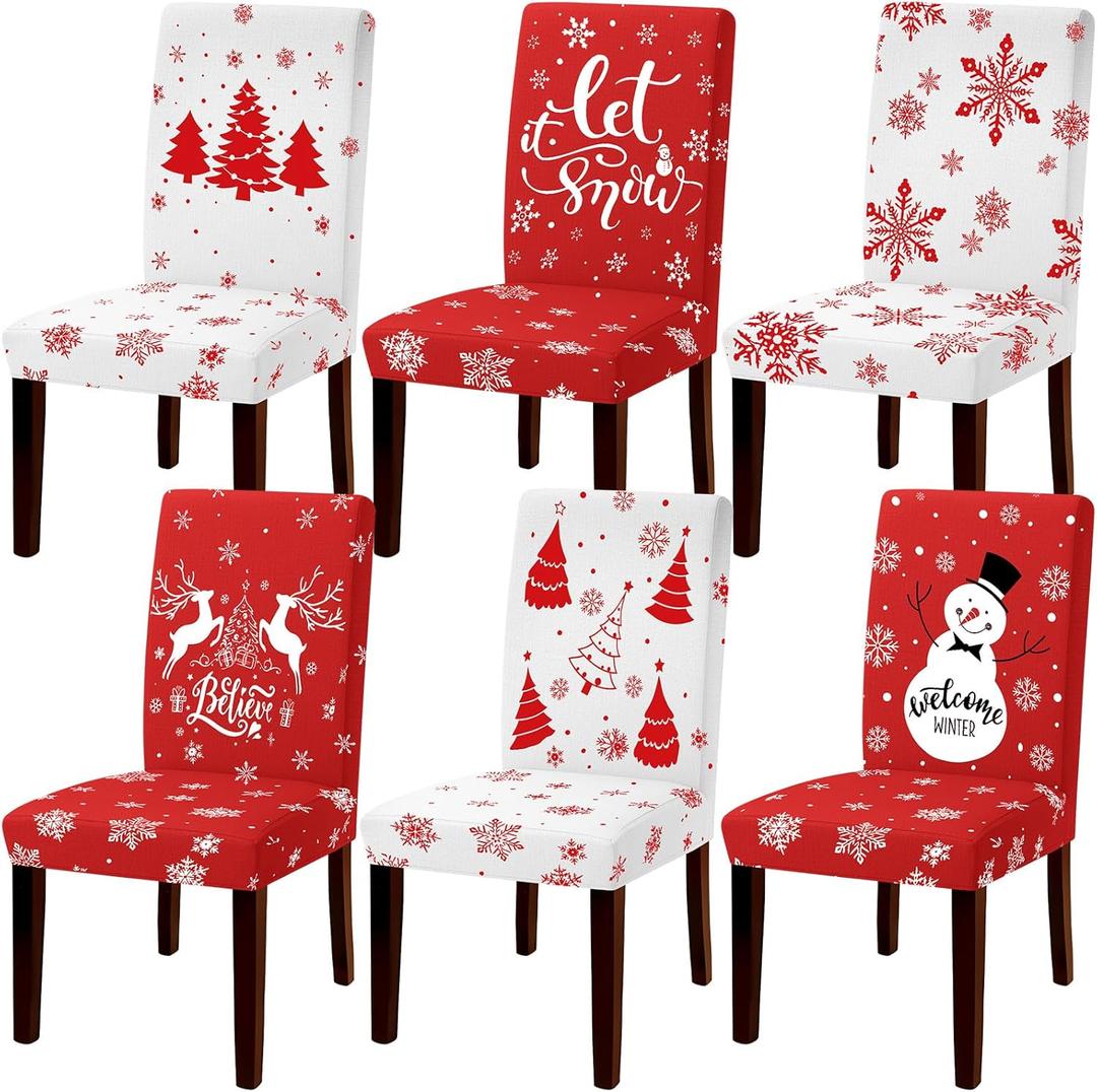 6 Pcs Christmas Dining Chair Covers, Stretch Removable Washable Chair Protector Slipcovers, Xmas Tree, Snow, Elk, Snowman Design, for Dining, Hotel and Holiday Party Decor(Classic Style)