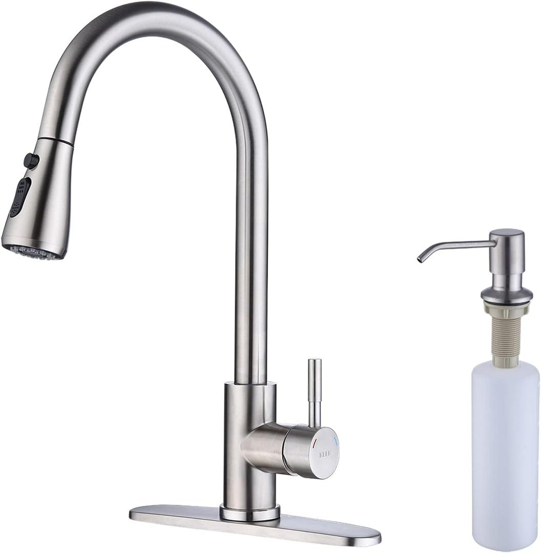 Brush Nickel Pull Down Kitchen Faucet with Soap Dispenser, Single Handle High Arc Stainless Steel Faucet