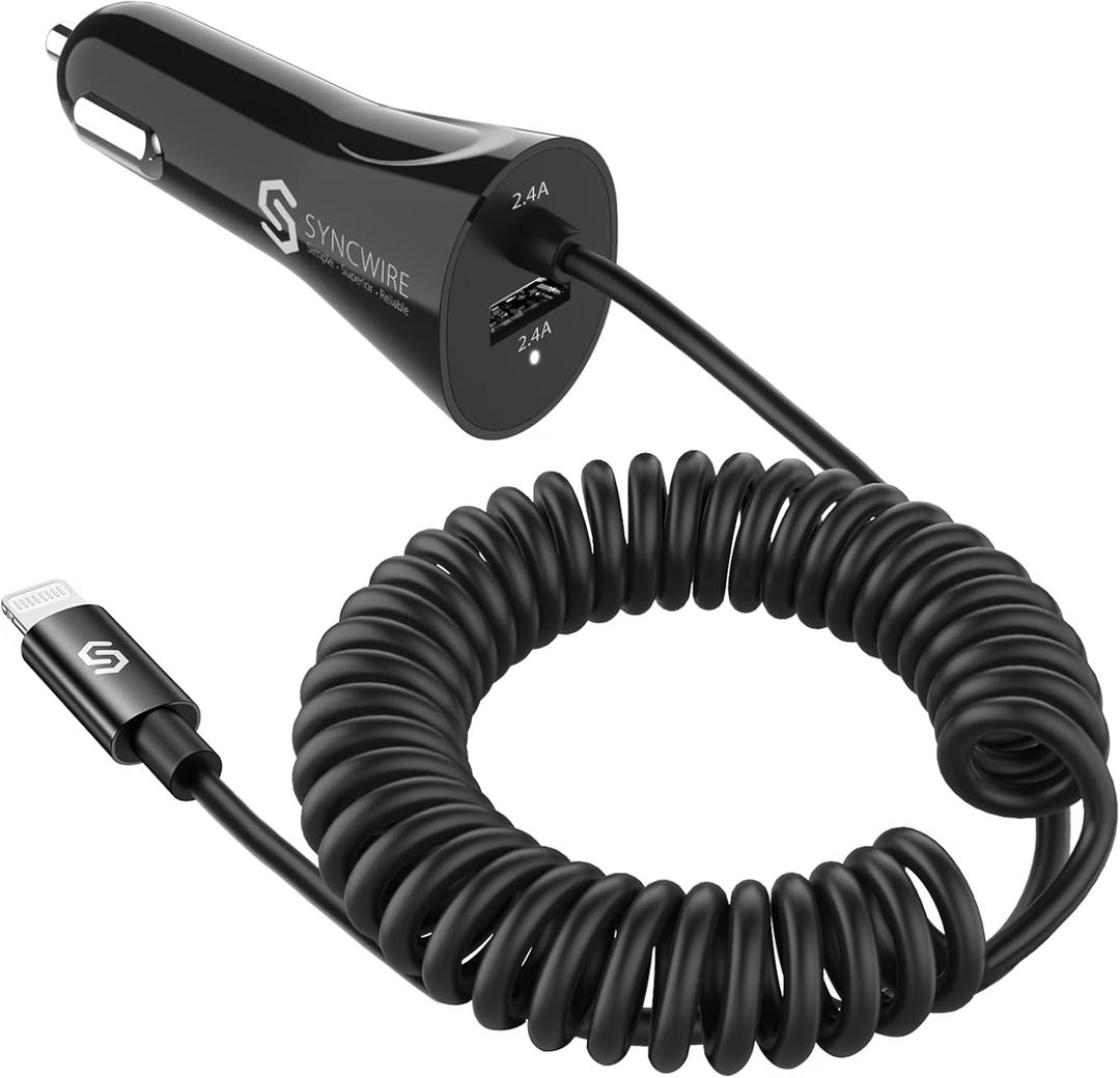 Syncwire iPhone Car Charger - Upgrade [Apple MFi Certified] 4.8A/24W Car Charging Adapter with Built-in Coiled Lightning Cable for Apple iPhone 14/13/12/11/Xs/XS Max/XR/X/8/7/6 Plus, iPad & More (5FT)