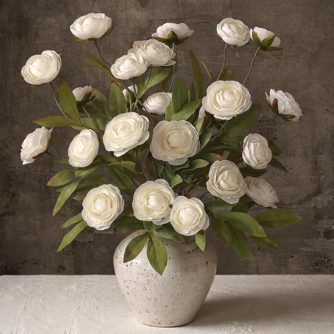 VIERENA 6 PCS Artificial Ranunculus Branches for Vase - 27" Fake Silk Persian Buttercup Stems Look Real Faux Flowers for DIY Bouquet, Table Centerpieces, Farmhouse, Home Decor (Cream)