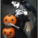 3 x Skeleton Witch Holding Pumpkins Door Cover Halloween Decorations 35x71 Inch Gothic Haunted House Banner for Scary Party Indoor Wall Backdrop