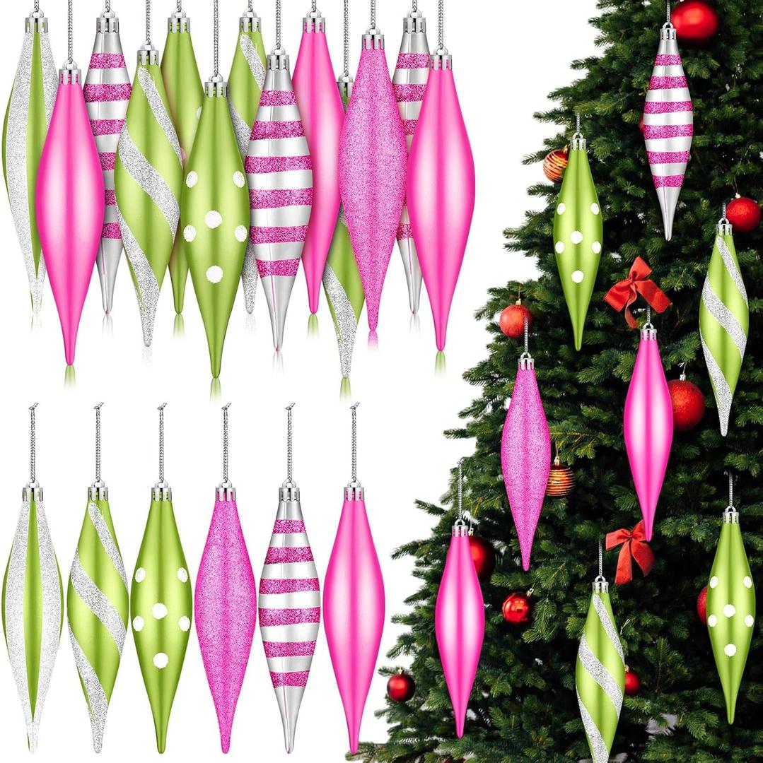 Hungdao 12 Pcs Green and Pink Christmas Ornaments 6.3 Inch Droplet Stripe Dot Hanging Christmas Ornaments for Xmas Tree Decor for Home and Holiday Party Xmas Trees Accessories
