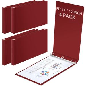 4 Pcs 3 Ring 11 X 17 Inch View Binders 1.5 Inch Rings, Red