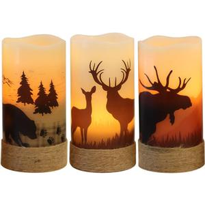 Eldnacele Flameless Flickering Candles Deer, Moose, Bear Decal with Hemp Rope and 6H Timer, Battery Operated LED Pillar Candles Real Wax Home Dcor Christmas and Gift Set of 3 (White)
