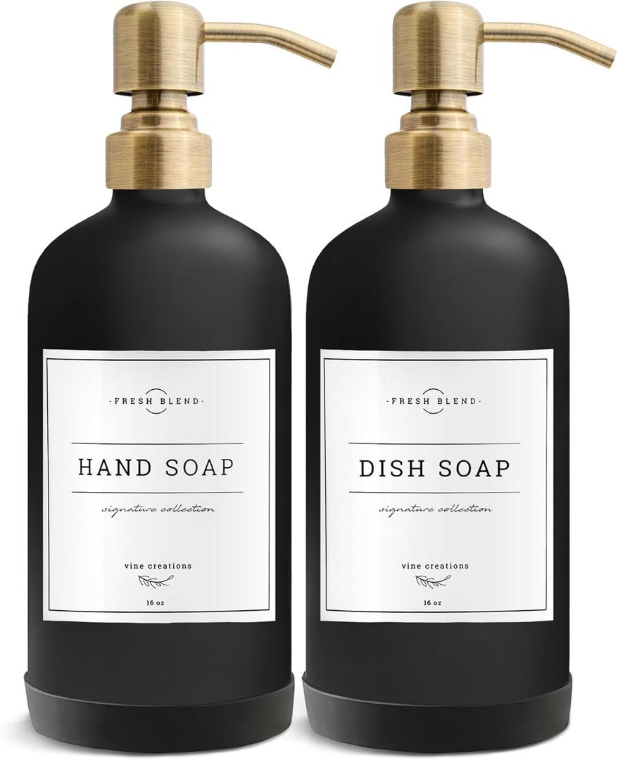 Vine Creations Black Glass Soap Dispenser, 2 Pack Kitchen Soap Dispenser Set with Stainless Steel Pump, 16 oz Dish Soap and Hand Soap Dispensers for Bathroom with Waterproof Labels (Matte Black Bottle / Brushed Brass Pump)