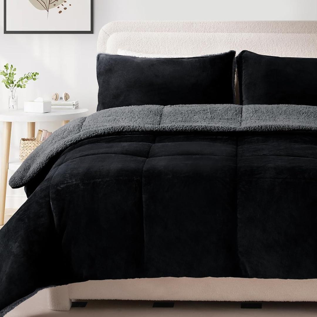 MERITLIFE Fluffy Sherpa Queen Size Bedding Comforter Sets Queen Comforter Set-3 Pieces Bed in a Bag Black Soft Comforter and Pillowcase Luxury Warm Bedding Set for Winter