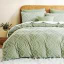 Green Duvet Cover King Size - 3 Pieces Soft and Light Duvet Covers Set with Boho Tufted Geometric Pattern for All Season, Breathable Bedding Set with Zipper Closure & 2 Pillowcases