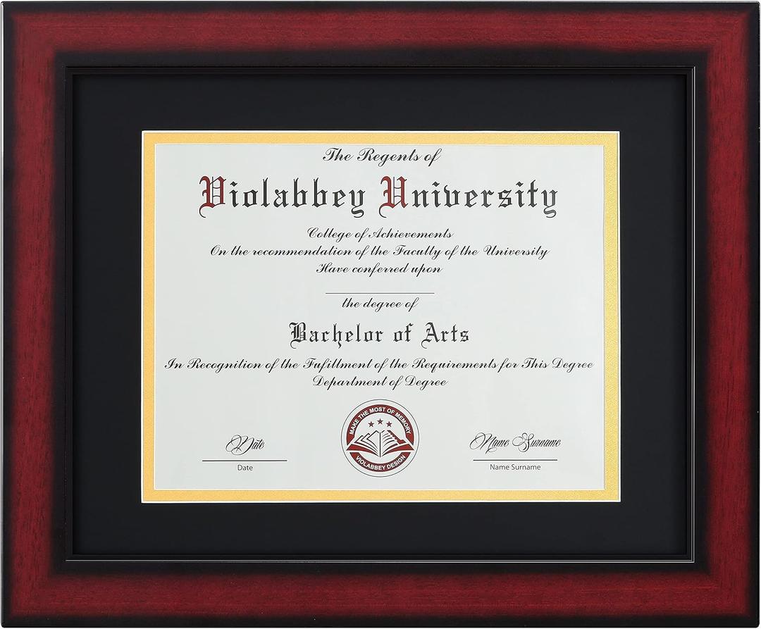 VIOLABBEY Diploma Frame 11x14 Degree&Document with Black Gold Double Mat or 15x18 Picture without Mat, Smooth Cherry Wood Grain Finish, Wall Mounted Display, Tempered Glass