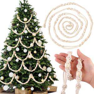 12 ft Boho Macrame Garland for Christmas Tree Xmas Wooden Beads Crochet Garland with Tassel Farmhouse Neutral Christmas Knitted Decor for Holiday Tree Fireplace Furniture Home Wall Hanging Decor
