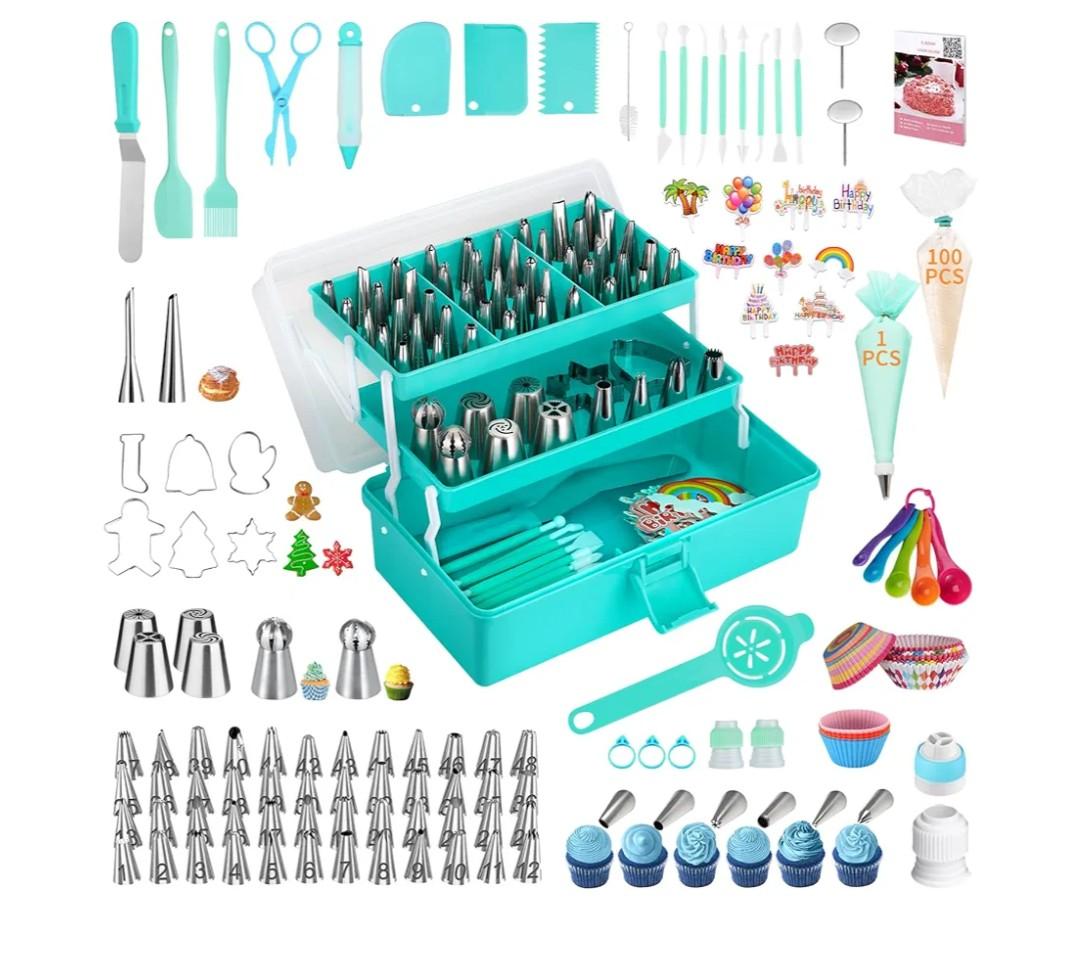 Cake Decorating Supplies Tools Kit: 358 pcs Baking Accessories with Storage Case - Piping Bags and Icing Tips Set - Puffs Christmas Cookie Cutters Cupcake Set for Beginners or Professional, Mint Green