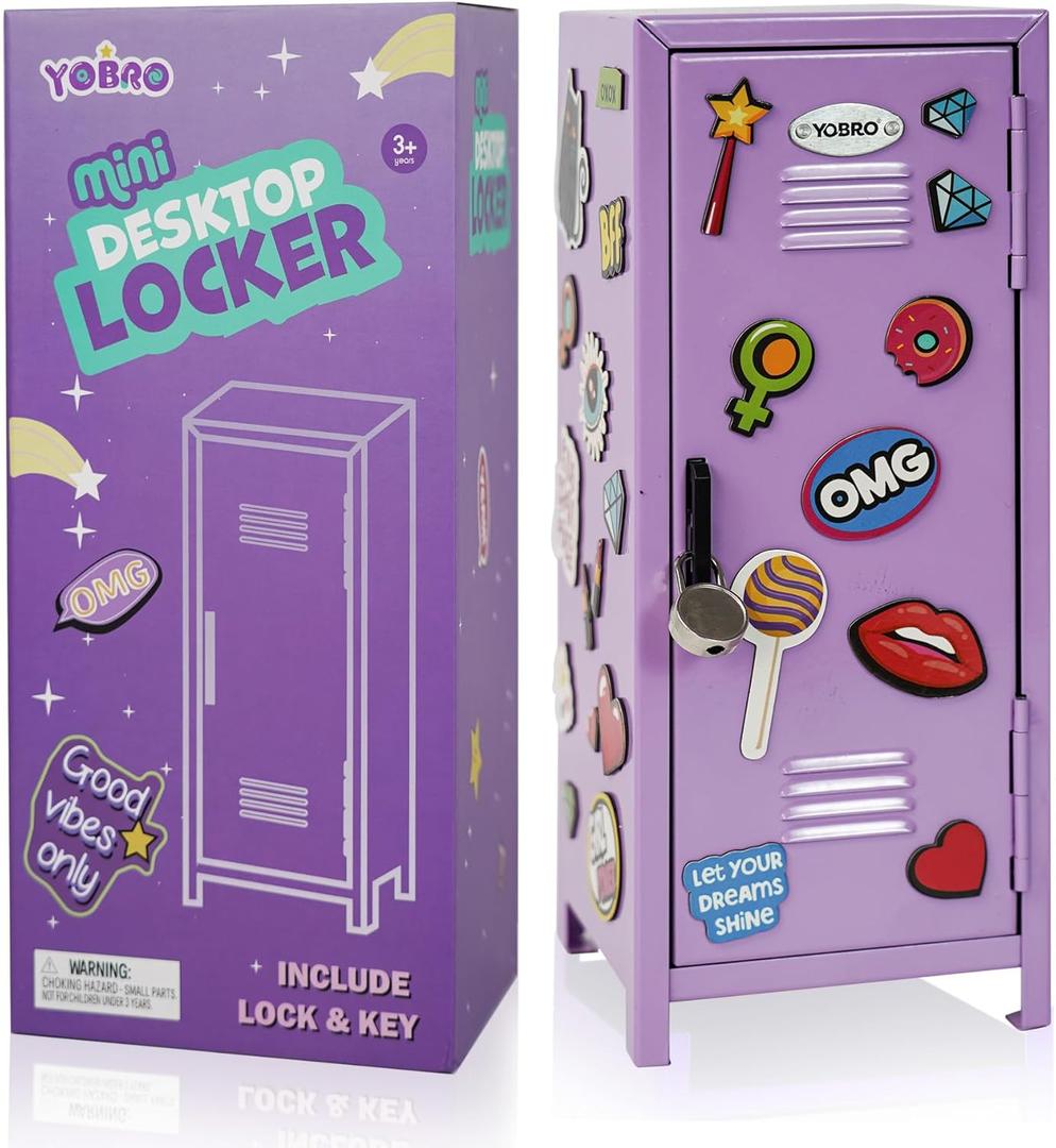 YOBRO Mini Locker with Lock and 2 Keys, 24PCS Magnetic Stickers, Miniature Storage Locker for Desk, Home, Bedroom, Office, Purple