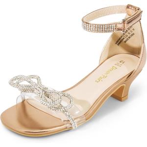 DREAM PAIRS Girls Sandals Ankle Strap Square Toe Low Heel Bow Flower Dress Shoes (1 Little Kid, Champagne-rhinestone)