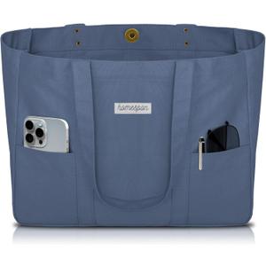HOMESPON Large Canvas Tote Bag for Women Everything Bag with Pockets and Laptop Sleeve (Blue) 21.6” x 13.4” x 6.3”