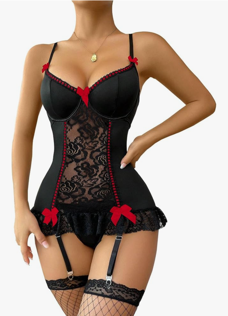 Lilosy Sexy Stocking Garter Belt Bows Floral Lace Babydoll Corset Push Up Teddy Lingerie Set with Panty SIZE XXL