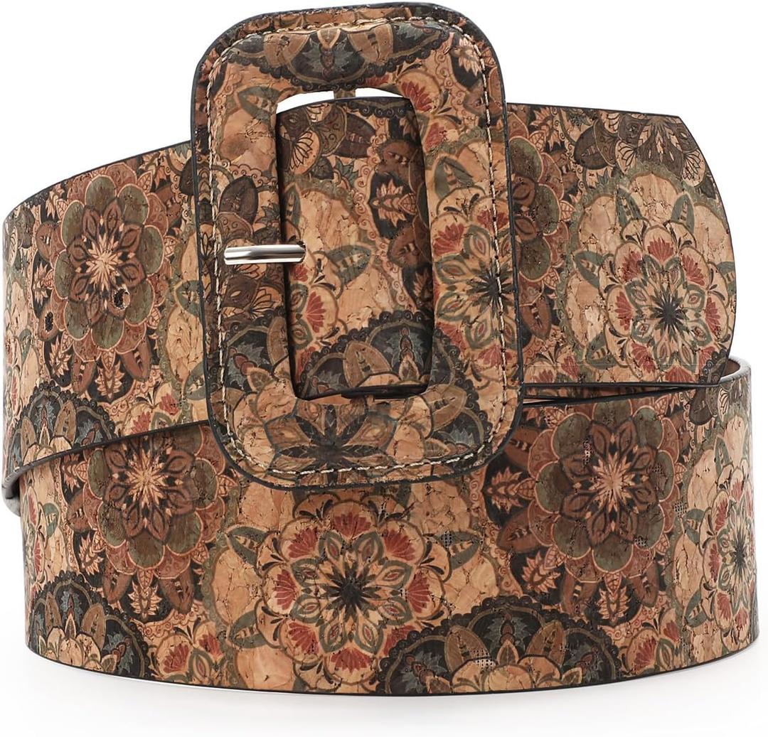 TRIWORKS Vintage Floral Boho Print Cork Belt 70s Style For Women's Jean Dress (Fit Size 25"-29")