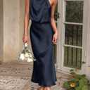 PRETTYGARDEN Women's 2026 Summer Satin Dress Elegant Sleeveless Mock Neck Cocktail Party Maxi Dresses (Dark Navy)