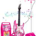 deAO Musical Guitar Play Set,Adjustable Height Microphone,Amplifier Set with Stand,Music Light Karaoke Music Toys Birthday for Kids Boys Girls (Red)