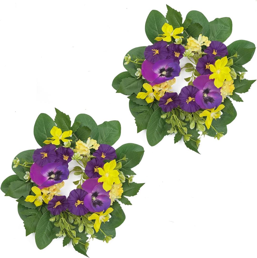 WELL KNOWN 2 Pcs Mini Spring Floral Candle Rings Wreaths for Pillars, 9" Artificial Flower Cabinet Wreath for Home Table Window Kitchen Farmhouse Wedding Party Hanging Decor (Purple & Yellow Flowers)
