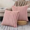 ZLINA Set of 2 Baby Pink Faux Fur Decorative Throw Pillow Covers Fluffy Striped Pillowcase Cushion Covers 16 x 16 Inch Decor Sofa Couch Bedroom