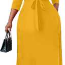 Nmoder Plus Size Maxi Dress for Women - Summer Casual 3/4 Sleeve Floral Flowy Long Dress with Belt XL- 6XL (Yellow)