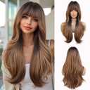 Esmee Long Wavy Ombre Brown Wigs for Women Natuaral Synthetic Hair Wig with Fringe for Daily Party Cosplay Use-24 Inches, Ombre Brown
