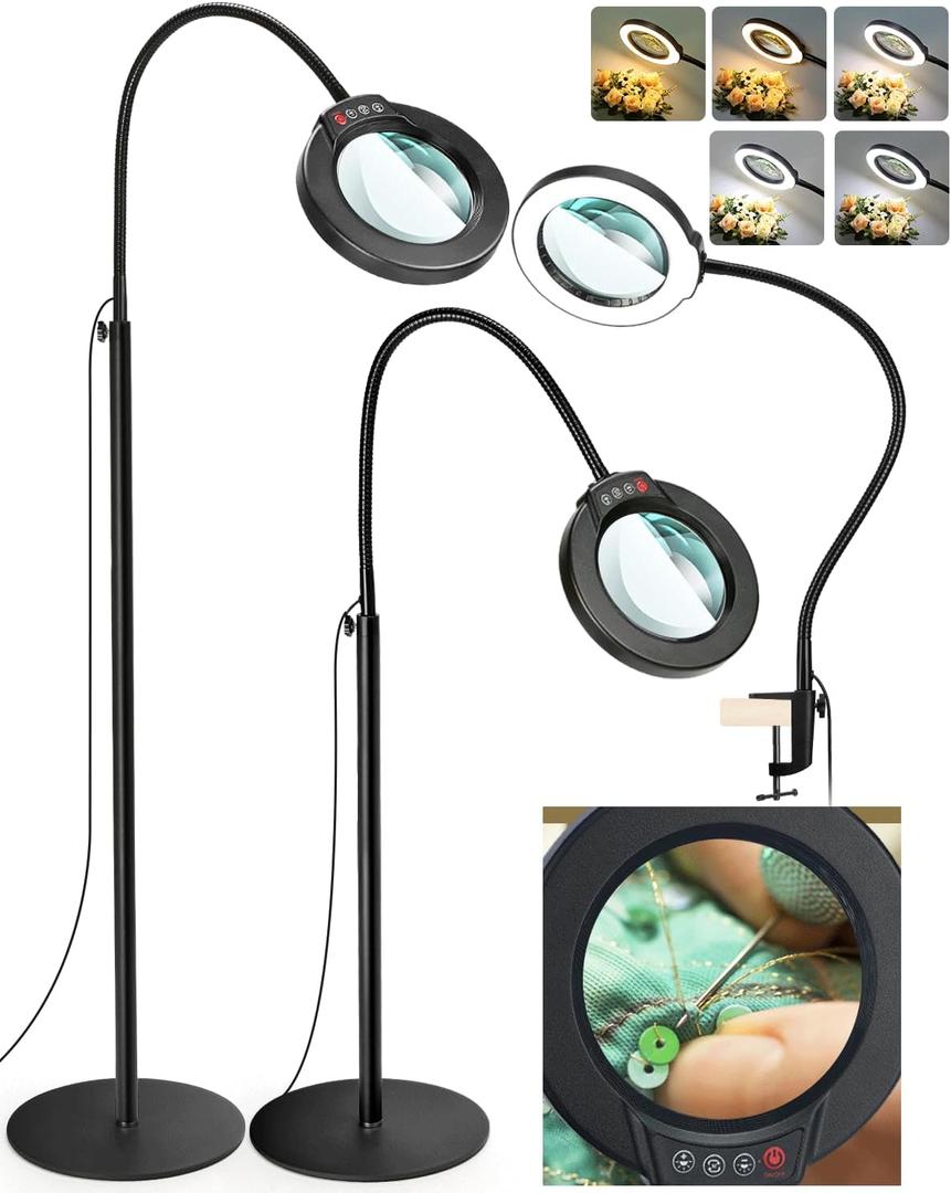 10X Magnifying Glass with Light and Stand, 3-in-1 LED 5 Color Modes Stepless Dimmable Magnifying Floor Lamp24" Flexible Gooseneck Lighted Magnifier for Reading,Close Work,Sewing,Crafts,Esthetican