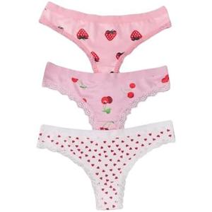 WDIRARA Women's 3 Pack Cute Graphic Panties Set Lace Trim Low Rise Comfy Thong Underwear Size L