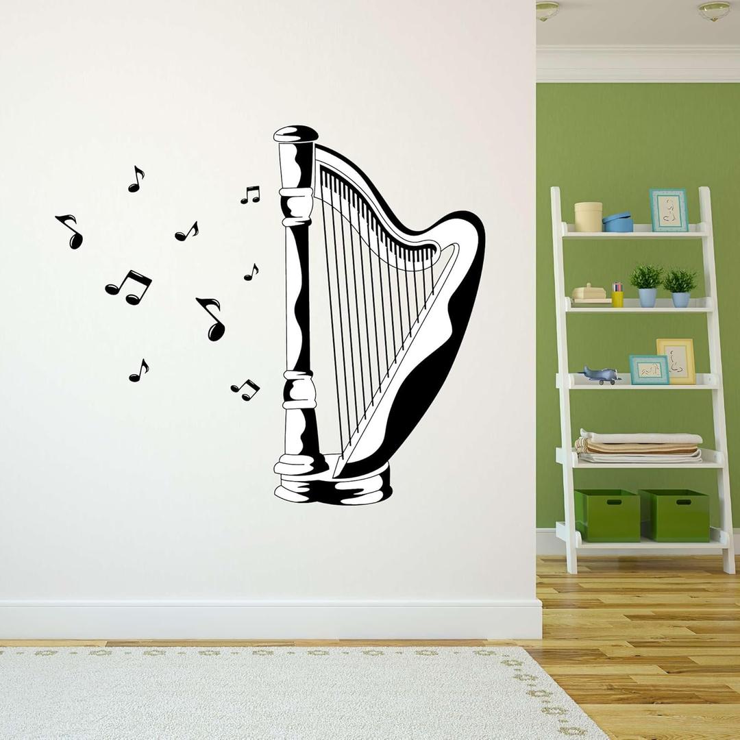 Design With Vinyl Music Wall Decal Rocking Harp Silhouette with Musical Notations on White Background Removable - Size: 20 in x 18 in