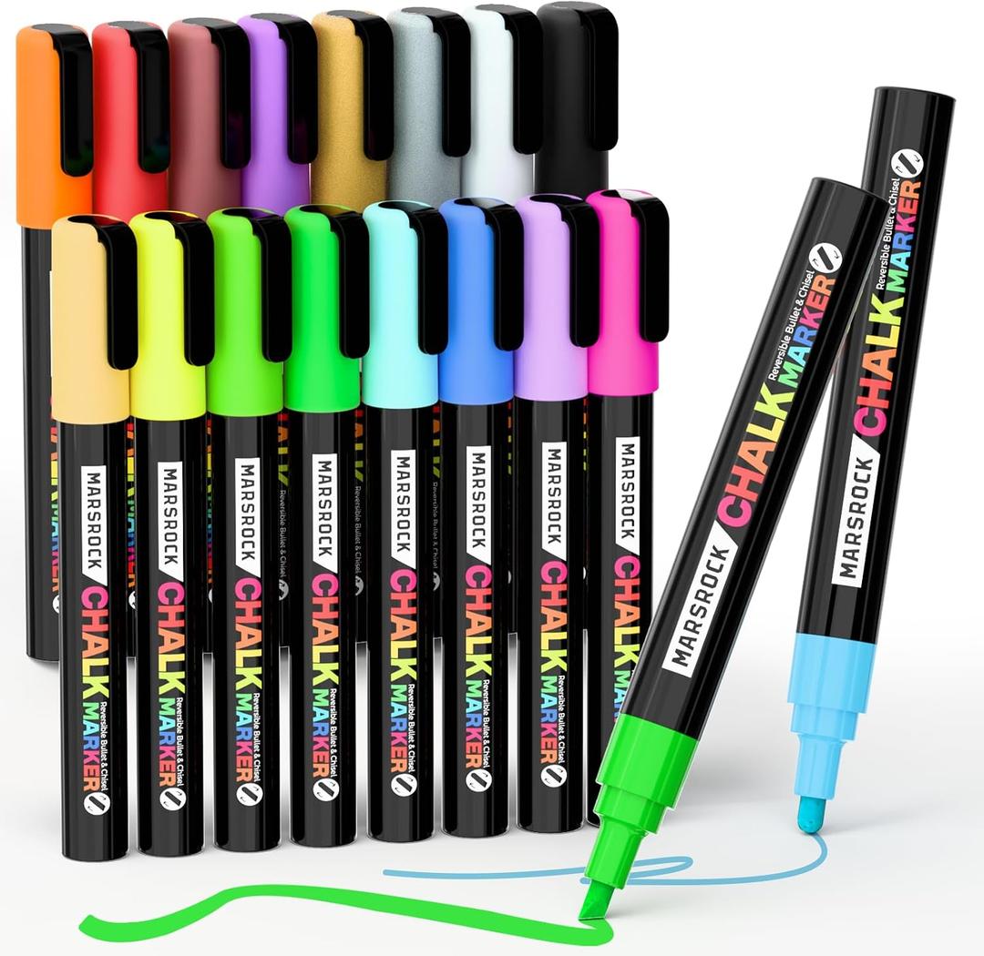 Marsrock Liquid Chalk Markers,16 Vibrant Colors Chalk Pens, Reversible Tip, Wet Erase, Water-Based Chalkboard Markers for Blackboards, Windows, Glass, Mirrors, Signs,Car Ideal for Restaurants & Home