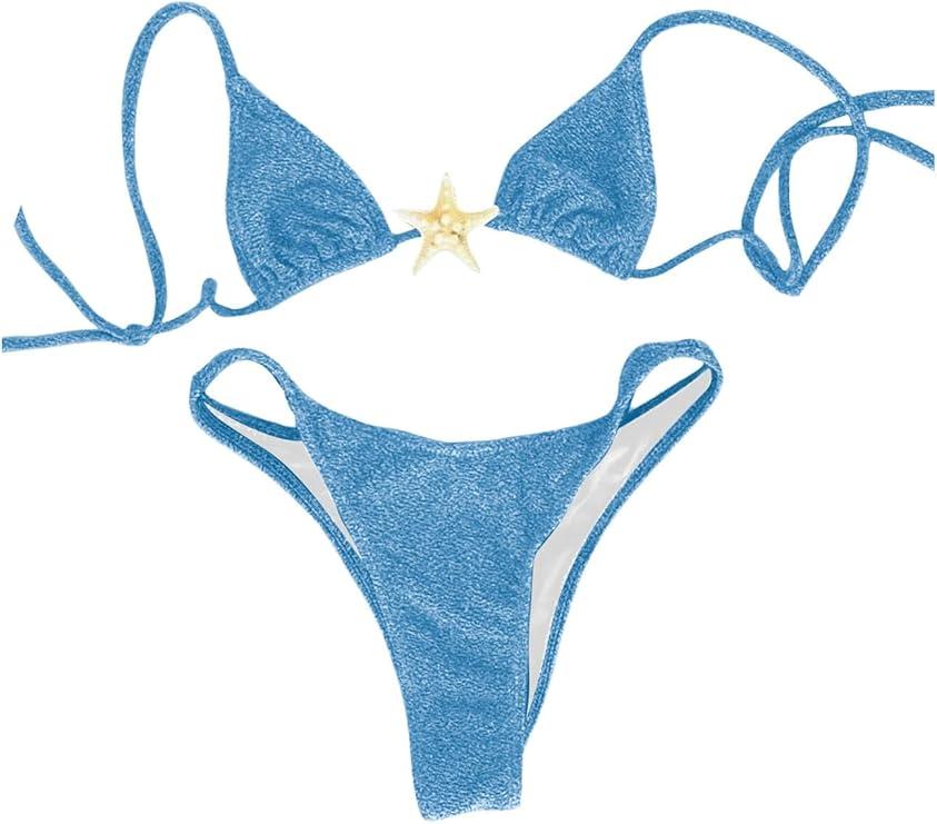 SOLY HUX Women's Sexy Halter Triangle Bikini Set Tie String Swimsuit High Cut Thong Two Pair Blue and black Bathing Suit, Size M SOLY HUX Women's Sexy Halter Triangle Bikini Set Tie String Swimsuit High Cut Thong Two Pair Blue and black Bathing Suit, Size M