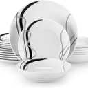 VEWEET Porcelain Dinnerware Sets for 6, 18 Pieces Plates and Bowls Set with Black and Grey Ribbon Lines, Dishes Set Dining Ware for Dinner, Microwave and Dishwasher Safe, Series FIONA