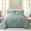 Travan 3-Piece Bedspread Quilt Set Oversized Reversible Quilted Bedding Cotton Coverlet Set with Shams, Gorgeous Green-Pink Floral Pattern, Queen Size