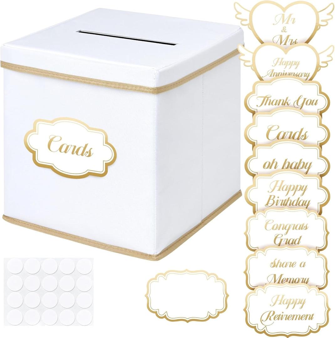 WERNNSAI Card Box for Wedding - 10 x 10 inch Oxford Cloth Large Box Slot with Cards Stickers for Wedding, Party, Birthday, Graduations,Baby Shower, Raffle (White)
