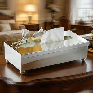 Silver Tissue Box Cover RectangleGuest Towel Holder Tray for Bathroom Napkin Organizer for Disposable Paper Towels, Elegant Hand Towel Box for Powder Room,Luxurious Napkin Box for Dressing Room