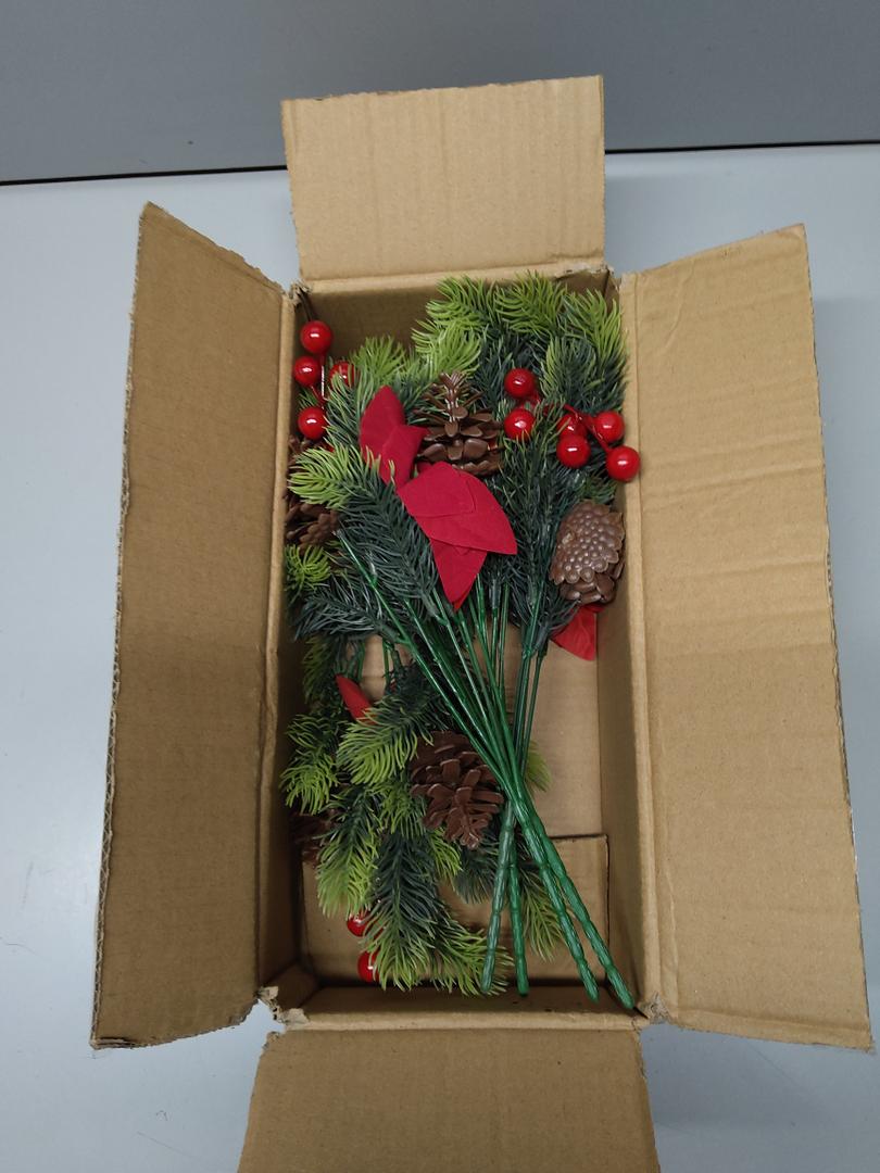 Grunyia Artificial Flowers Bouquet Christmas Floral Pine Cones Red Fake Berry Picks Stems Holly Holiday Floral Picks for Xmas Tree Party Decoration DIY Indoor Table Centerpieces