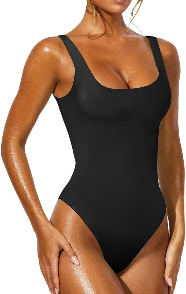 YFANG Women's Sexy Basic Bodysuit Sleeveless Double Lined Slim Fit Tank Tops (Black)