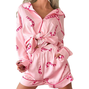 Women Christmas Pajamas Shorts Set Santa Print Long Sleeve Button Shirt Lounge Pants 2 Piece Sleepwear Loungewear M