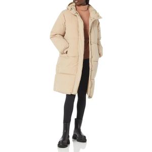 Amazon Essentials Women's Oversized Long Hooded Insulated Puffer Jacket (Large, Tan)