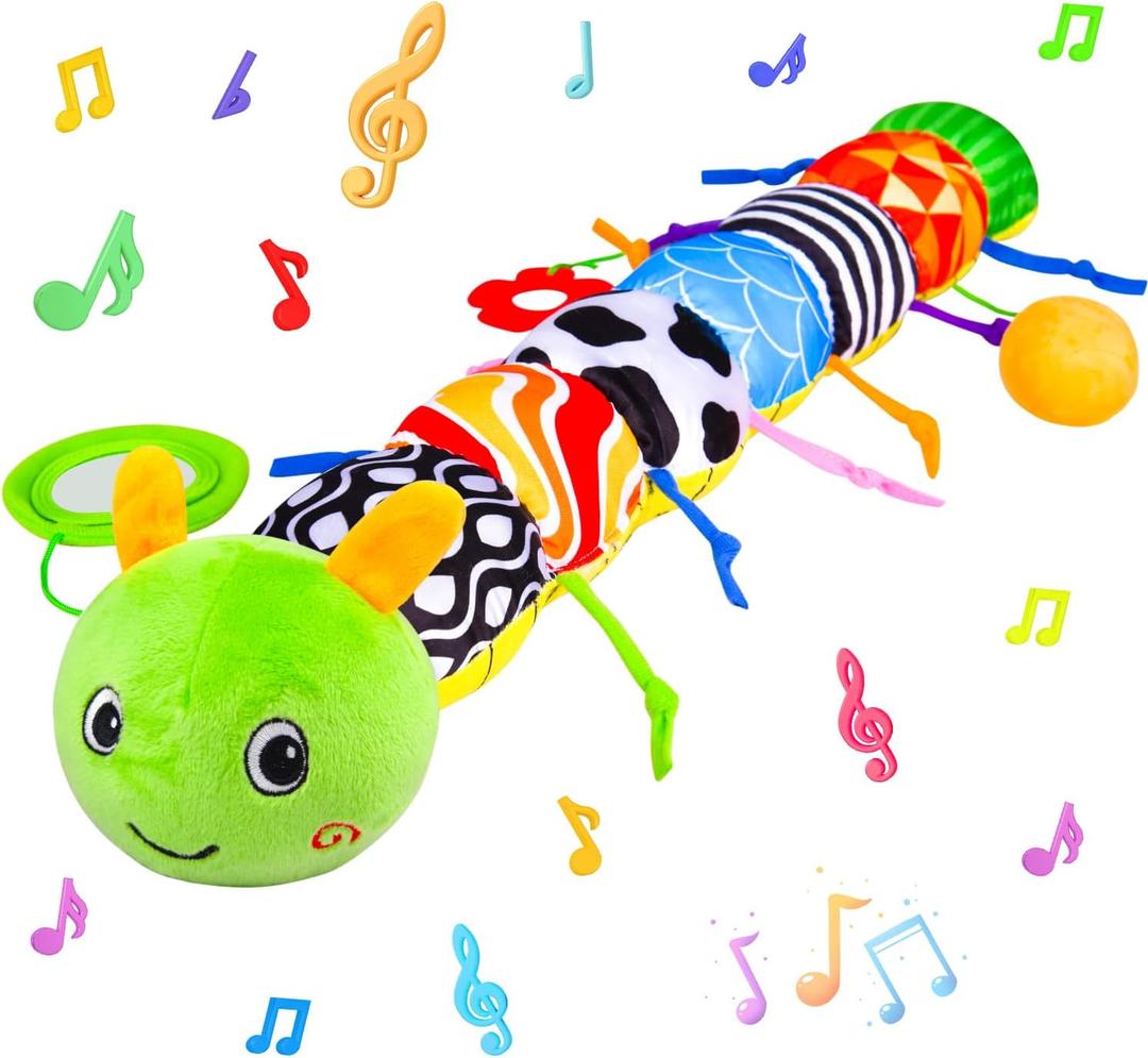 Baby Toys 0-6 6-12 Months, Stuffed Animal Infant Tummy Time Toys Sensory Toys with Crinkle, Rattles, Textures and Mirror Gifts for Newborn Boy Girls Toddlers, Caterpillar Musical Toy (Green)