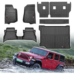 for 2021-2024 2025 Jeep Wrangler JL 4XE Floor Mats Cargo Liner and Backrest Mat All Weather TPE Rubber Protection Mat Accessories (Only for Jeep Wrangler JL 4XE Full Set)