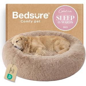 Bedsure Calming Dog Bed for Extra Large Dogs - Donut Washable Large Pet Bed, 45 inches Anti-Slip Round Fluffy Plush Faux Fur Dog Bed, Fits up to 120 lbs Pets, Camel