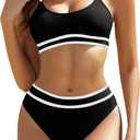 Women's High Waisted Bikini Sets Color Block Two Piece Swimsuit Scoop Neck Strap Crop Top Cheeky Bathing Suits (Purple, S)
