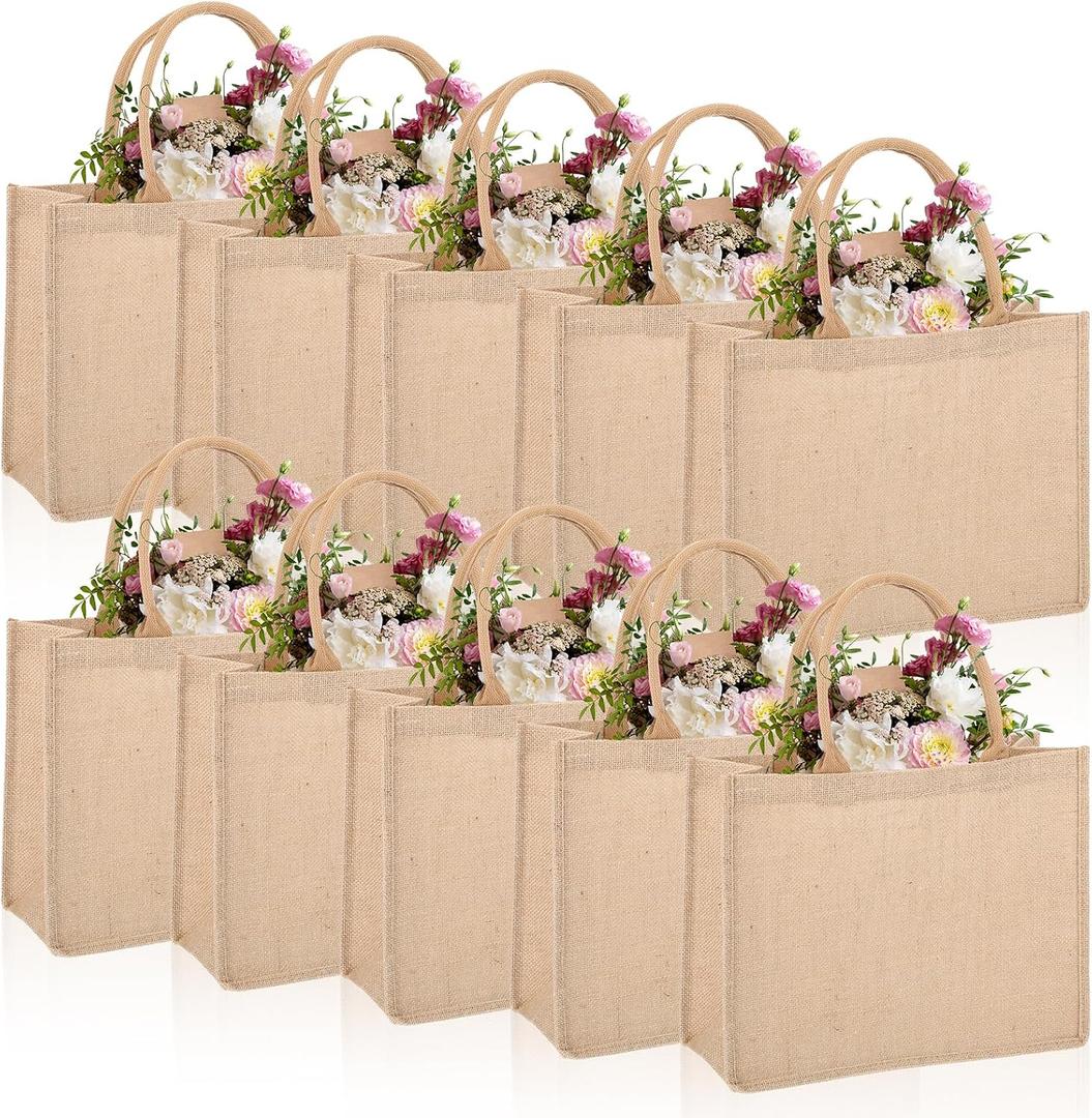 10 Pack Large Burlap Tote Bag Set with Handle, Reusable Blank Jute Gift Bag Waterproof for Women Bridesmaid Gift Shopping Bachelorette Party Christmas DIY, 15 * 12 * 6in