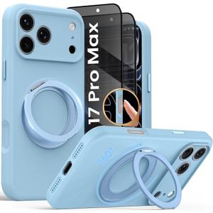 for iPhone 17 Pro Max Case with 360 Magnetic Stand, [2X Privacy Protector][Compatible with MagSafe] Reinforced Silicone Case Shockproof Drop Protection Cover with Camera Control (Light Blue)